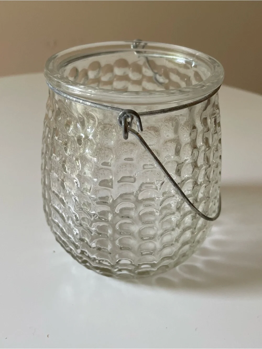 Clear Textured Glass Votive Holder Lantern with Metal Hanging Handle